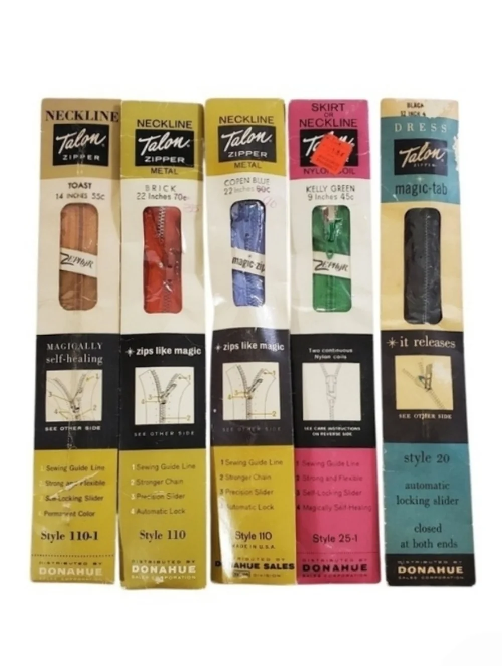 Talon Vintage Zippers Set Of 5 Metal & Nylon Zippers NIP